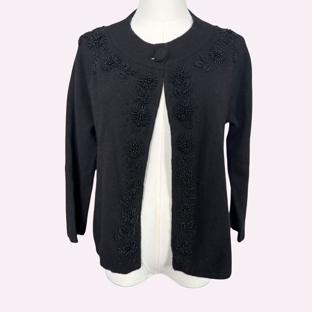 Talbots Black Beaded Wool and Angora Cardigan Size M